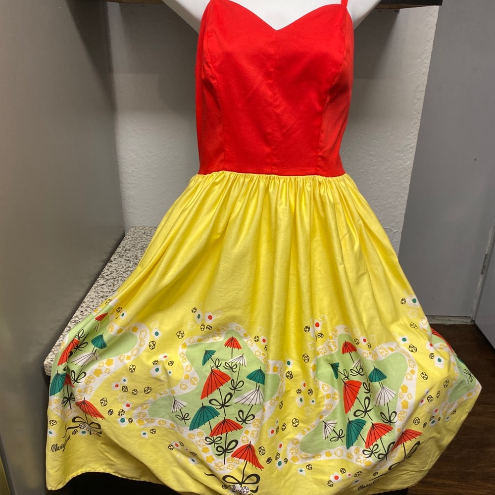 Pinup Couture Mary Blair Umbrellas Red Yellow Sundress Medium